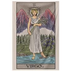 a tarot card with an image of a woman standing in front of mountains and trees