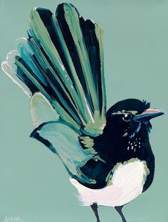 a painting of a black and white bird with green feathers on it's wings