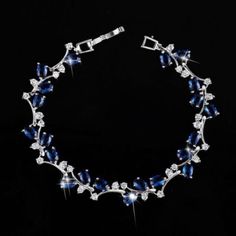 Dark Blue Sapphire Leaf Link Chain Bracelet Silver Wedding Jewelry Brazilian Jewelry, Honey Jewelry, Sparkle Bracelet, Silver Wedding Jewelry, Sapphire Bracelet, Silver Chain Bracelet, Bridal Bracelet, Purple Stones, Rhinestone Bracelet