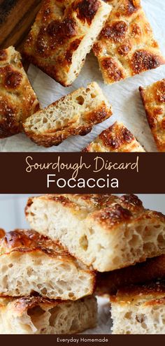 this is an image of sourdough bread focaccia with text overlay