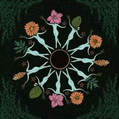 a circular design with people holding hands and flowers on the center, surrounded by leaves