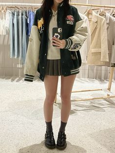 rotten mango varsity jacket stephanie soo Rotten Mango, Stephanie Soo, Jacket Ootd, Forest Green, Varsity Jacket, Mini Skirt, Mango