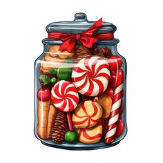 a jar filled with candy canes, cookies and other holiday treats on a white background