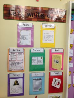 a bulletin board with writing and pictures on it's sides, in front of a classroom door