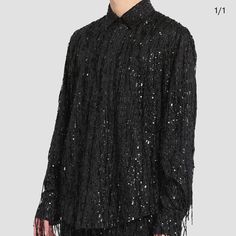 Amiri Fringed Black Top With Lots Of Embellishment And Details Sequin Fringe Dress, Top Man, Fringe Shirt, Sequins Top, Fringe Top, Embellished Denim, Fringe Dress, Baggy Pants, Black Shirt Dress