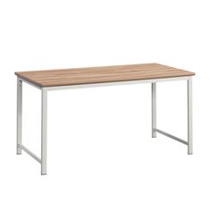 a wooden table with metal legs and a white frame on the top, against a white background