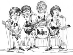 the beatles cartoon drawing by person, who is holding a guitar and singing into microphones