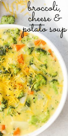 broccoli cheese and potato soup in a white bowl with the title above it