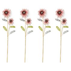 four pink flowers with green leaves on a white background