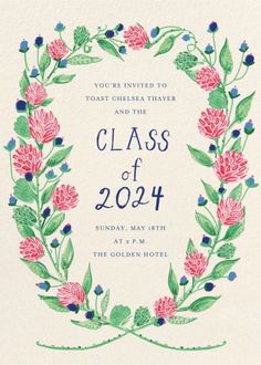 the class of 2014 graduation party card is shown in pink and green flowers with leaves