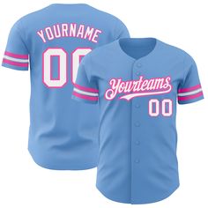 Custom Light Blue White-Pink Authentic Baseball Jersey Cheap College Baseball Jersey For Sports Fans, Cheap Cotton Baseball Jersey, Affordable Blue Sports Fan Baseball Jersey, Cheap Short Sleeve Baseball Jersey With Letter Print, Cheap Cotton Baseball Jersey With Team Name, Cheap Team-colored Baseball Jersey With Team Logo, Baseball Jersey Men, Jersey Baseball, Logo Wear