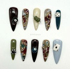 Nails Long Funky Nails, Fall Junk Nails, Creepy Nail Designs, Press Nails, Crazy Nail Art, Funky Nail Art, Ace Card, Long Stiletto, Poker Chip