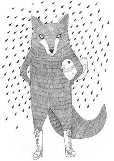 a drawing of a fox holding a fish in it's paws and standing under an umbrella