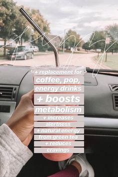 a person holding up a drink in their hand while sitting in a car with the words coffee, pop, energy drinks and boosies metabolism