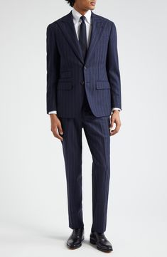 Pinstripes point up the precision tailoring of this structured suit cut from sumptuous wool in a single-breasted silhouette and framed with wide peaked lapels. Jacket has two-button closure; peaked lapels; four-button cuffs; chest welt pocket; front flap pockets; ticket pocket Trousers have zip fly with button-tab closure; front slant pockets; back button-welt pockets; adjustable waist Jacket is partially lined Trousers are unhemmed 100% wool Dry clean Made in Italy Designer Clothing Elegant Pinstripe Suits For Work, Tailored Striped Double Breasted Suit For Business Casual, Tailored Striped Double-breasted Suit For Business Casual, Striped Double Breasted Suit For Semi-formal Occasions, Elegant Pinstripe Suits For Business Casual, Striped Double Breasted Suit With Notch Lapel For Office, Elegant Striped Suit With Notch Lapel, Elegant Striped Double Breasted Suit For Business, Elegant Striped Suits For Business Casual