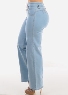 Blue Color Butt lifting design. Belt loops. Denim. Straight. Zip up 4 button closure . No back pockets, 2 faux front pockets. Stretchy Material made from 70% Cotton, 28% Polyester, 2% Spandex Machine wash cold; Tumble dry low Rise approx 10''. Inseam is 30''. Leg opening is 19". High Waist. Imported Measured from and model wearing size Small SKU: 10311Y_NR1009BABYBLU Straight Wide Leg Jeans, Jeans Light Blue, Career Wear, Dressy Tops, Basic Tops, Top Sales, Blazer Dress, Jumper Dress, Cardigan Jacket