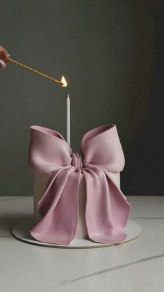 a person lighting a candle on top of a pink bow shaped cake with a lit match