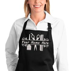 "Personalized Custom Apron for the hairdresser or hair stylist. Perfect gift for a holiday, special birthday, Mother's Day gift or thinking of you gift. ADULT APRON: 5 colors available White, Black, Red, Green, Navy. 2-pockets apron measures aprox. 32\"x34\". 65% Poly, 35% cotton and has adjustable neck strap. Do not bleach. These are not made of nylon material that clients usually wear while getting their hair done. They are not waterproof. Aprons come in white, black, navy, red, green. ------P Hair Stylist Apron, Hairdresser Apron, Gift For Hairdresser, Salon Uniform, Hairstylist Apron, Salon Aprons, Stylists Aprons, Barber Apron, Custom Apron