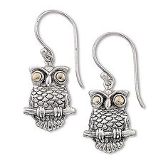 Artisan Silver by Samuel B. 18K Gold Accented 1.25" Owl Drop Earrings - Take your style to new heights on the wings of these inspired earrings. A Gold Owl, Sterling Silver Owl, Expensive Diamond, Heavy Earrings, Owl Earrings, Silver Owl, Sterling Silver Drop Earrings, Owl Design, Gold Eyes