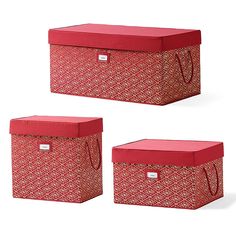 three red storage boxes sitting next to each other