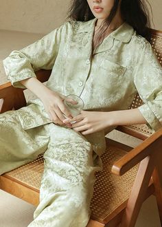 Jacquard Silk Pajama Set, Pale Lime – Muraki Night Suit For Women, Silk Pjs, Pijamas Women, Vintage Pajamas, Silk Pajamas Women, Womens Pajama, Sensory Overload, Silk Pajama, Silk Set