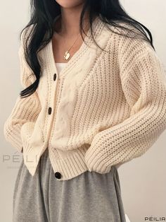 Peilia - Premium Womens Casual V-Neck Long-Sleeved Solid Button Cable Knit Cardigan Sweater Apricot Sweater, Cable Knit Sweater Cardigan, Knit Cardigan Sweater, Cable Knit Cardigan, Button Cardigan, Womens Casual, Knit Sweater Cardigan, Festival Fashion, Cardigan Sweater