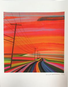 an image of a painting on the wall with power lines and sunset in the background