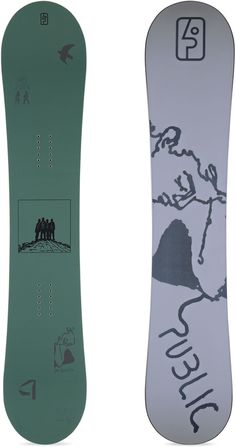 the snowboard is green and white with black writing on it's bottom side