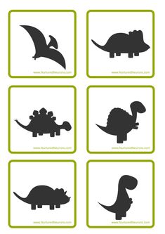 four black and white silhouettes of dinosaurs in square frames with green border around them