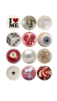 several different types of buttons on a white background with the words i love me written above them