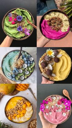 four different pictures of various desserts with flowers on top and in the bottom, there is a person holding a spoon