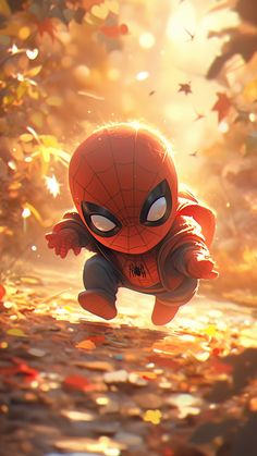 spider - man flying through the air with leaves all around him and eyes wide open