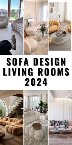 a collage of living rooms with sofas and chairs in them, including the words sofa design living rooms