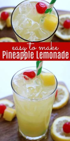 an easy to make pineapple lemonade drink is garnished with cherries