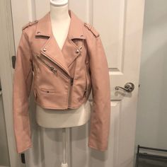 Nwot Never Worn Blush Pink Moto Jacket Faux Leather Size Large But Would Def Fit A Medium Too Spring Beige Biker Jacket With Zipper Closure, Beige Biker Jacket With Zipper For Spring, Trendy Beige Biker Jacket For Spring, Trendy Beige Leather Jacket, Trendy Beige Biker Jacket With Zipper, Pink Moto Jacket, Faux Leather Moto Jacket, Silver Zipper, Blank Nyc