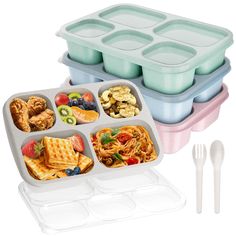 three plastic containers with food in them next to forks and spoons on a white background