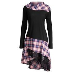 Lace Plaid Panel Plus Size Long Top - Black - 3O36599414 - Women's Clothing, Plus Size Women's Clothing  #PlusSizeWomensClothing #Women's #Clothing # #Plus #Size #Women's #Clothing Ladies Long Top, Striped Dresses, Asymmetrical Blouse, Plaid Outfits, Wardrobe Style, Casual Lace, Women Shirts Blouse, Tops Fall, Plaid Tops