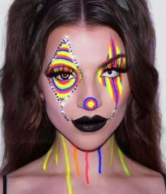 Clown Makeup Neon, Neon Clown Costume, Neon Halloween Makeup, Neon Clown Makeup, Crazy Clown Makeup, Neon Clown, Jester Makeup, Cute Clown Makeup