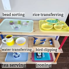 three trays with different types of food on them and labeled in the following words