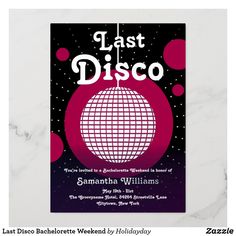 a flyer for a disco party with the words last disco on it and an image of a disco ball