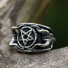 Stainless Steel Satan Goat Skull Star Ring For Men Pentagram Ring Amulet Jewelry Wolf Pendant Necklace, Biker Ring, Goat Skull, Gothic Men, Wolves Pendants, Biker Rings, Original Characters, Animal Rings, Stainless Steel Ring