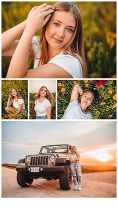 two girls are posing in front of a jeep with flowers on the ground and one girl is holding her head