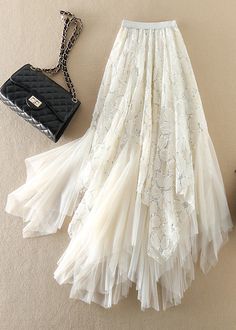 Casual White Sequins asymmetrical design Tulle Skirts Spring – SooLinen Clothes Websites, Gonna In Tulle, Tulle Skirts, Rock Outfit, Mode Boho, Spring Skirts, Spring Fabric, Linen Skirt, Layered Skirt