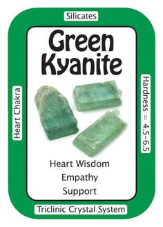 Crystal Card of the Day: Green Kyanite, “My heart hears the truth.” Green Kyanite works with all the Chakras, focusing most on the Heart  Chakra. Green Kyanite is especially helpful to those searching for  and/or learning to discern the truth of any matter or situation,  including the media and politics. Carrying Green Kyanite with you can  help when in the company of others of whom you are unsure, by helping  you to look within the heart of that person to see their true motives behind any state Kyanite Meaning, Best Healing Crystals, The Chakras, Crystal Power, Crystal Guide, Gemstone Properties, Crystal System, Spiritual Crystals