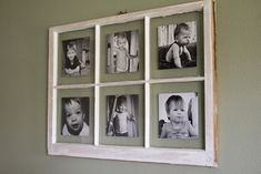 an old window frame is hung on the wall with six different pictures in it,