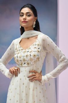 Ivory anarkali with sequins, mirror and nalki embroidery. Comes with embroidered dupatta. - Aza Fashions Churi Sleeves, Ivory Anarkali, Anarkali With Dupatta, Women Kurta, Embroidered Dupatta, Anarkali, Aza Fashion, V Neck, Mirror