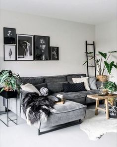 a living room filled with lots of furniture and pictures on the wall above it's couch