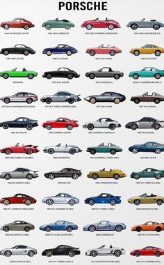 a poster with different colored cars on it's sides and the words porsche written in black