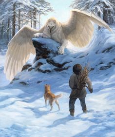 a man standing next to a dog on top of a snow covered field with an owl