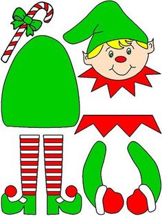 an elf cut out with candy canes and christmas decorations on the bottom right corner